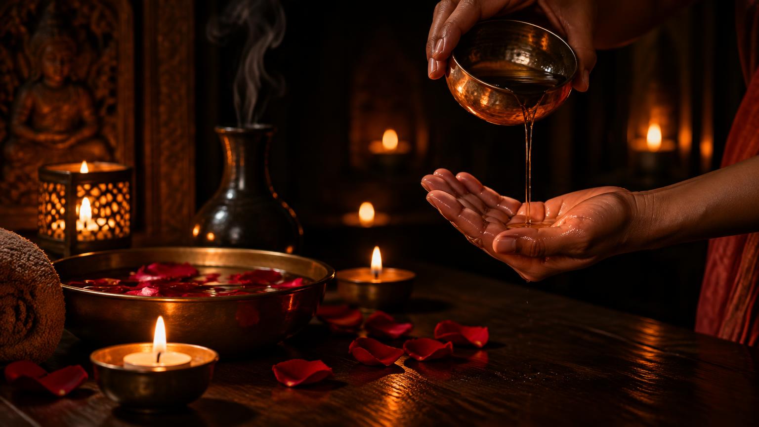Aceite tibio vertido en la mano entre velas y pétalos de rosa