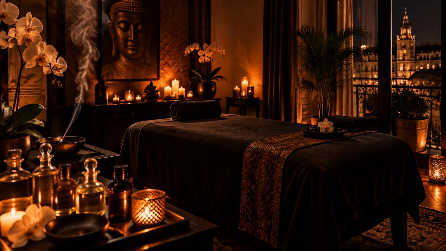 Sala de masaje tántrico iluminada con velas y orquídeas